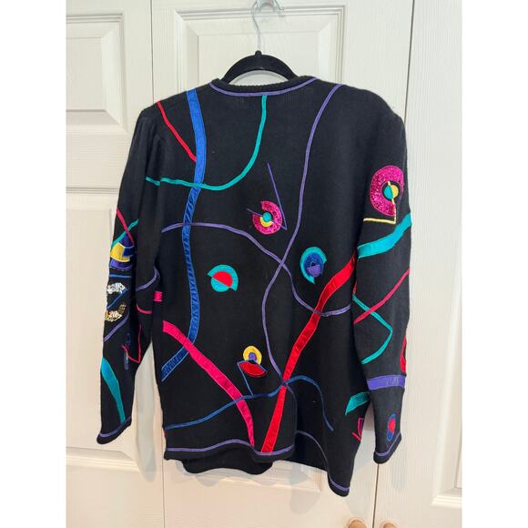 Vintage Magnolia Cardigan Sweater Black Colorful Abstract Art to Wear - Picture 5 of 8